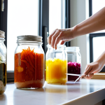 A focused adult, gender-neutral in appearance, in a clean, brightly lit modern kitchen, wearing modest, casual cooking attire. They are gently handling glass jars filled with bubbling fermented vegetables such as choucroute and colourful pickles. On the countertop, various stages of fermentation are visible, including kefir grains in a jar of milk and a kombucha brewing setup. Natural light streams through a window, highlighting the fresh ingredients and the vibrant colours of the ferments. The atmosphere conveys calm, mindful creation, and a connection to healthy, living foods. Perfect anatomy, correct proportions, well-formed hands, proper finger count, natural body proportions, natural pose, fully clothed, modest clothing, appropriate attire, safe for work, appropriate content, professional, family-friendly, high quality, detailed, realistic photography.