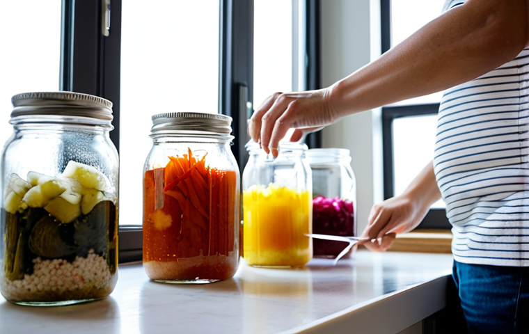A focused adult, gender-neutral in appearance, in a clean, brightly lit modern kitchen, wearing modest, casual cooking attire. They are gently handling glass jars filled with bubbling fermented vegetables such as choucroute and colourful pickles. On the countertop, various stages of fermentation are visible, including kefir grains in a jar of milk and a kombucha brewing setup. Natural light streams through a window, highlighting the fresh ingredients and the vibrant colours of the ferments. The atmosphere conveys calm, mindful creation, and a connection to healthy, living foods. Perfect anatomy, correct proportions, well-formed hands, proper finger count, natural body proportions, natural pose, fully clothed, modest clothing, appropriate attire, safe for work, appropriate content, professional, family-friendly, high quality, detailed, realistic photography.
