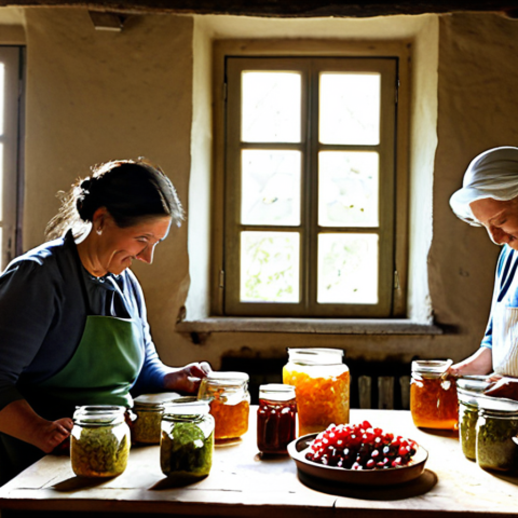 Traditional Fermentation Scene**

"A quaint French countryside scene depicting a family making traditional jams and pickles in a rustic kitchen. Jars are neatly arranged, filled with colorful preserves. Sunlight streams through the window. The family is fully clothed in modest, traditional clothing.  Warm, inviting atmosphere.  Safe for work, appropriate content, fully clothed, professional photography, perfect anatomy, natural proportions, family-friendly, high quality."

**