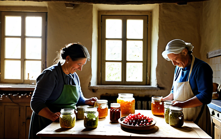 Traditional Fermentation Scene**

"A quaint French countryside scene depicting a family making traditional jams and pickles in a rustic kitchen. Jars are neatly arranged, filled with colorful preserves. Sunlight streams through the window. The family is fully clothed in modest, traditional clothing.  Warm, inviting atmosphere.  Safe for work, appropriate content, fully clothed, professional photography, perfect anatomy, natural proportions, family-friendly, high quality."

**