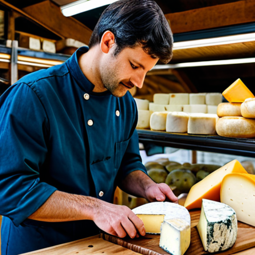 발효식품의 현대적 활용을 위한 협업 모델 - "A professional cheesemonger, fully clothed in appropriate attire, arranging a selection of artisana...