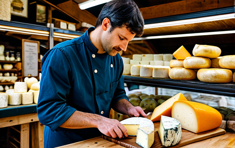 발효식품의 현대적 활용을 위한 협업 모델 - "A professional cheesemonger, fully clothed in appropriate attire, arranging a selection of artisana...
