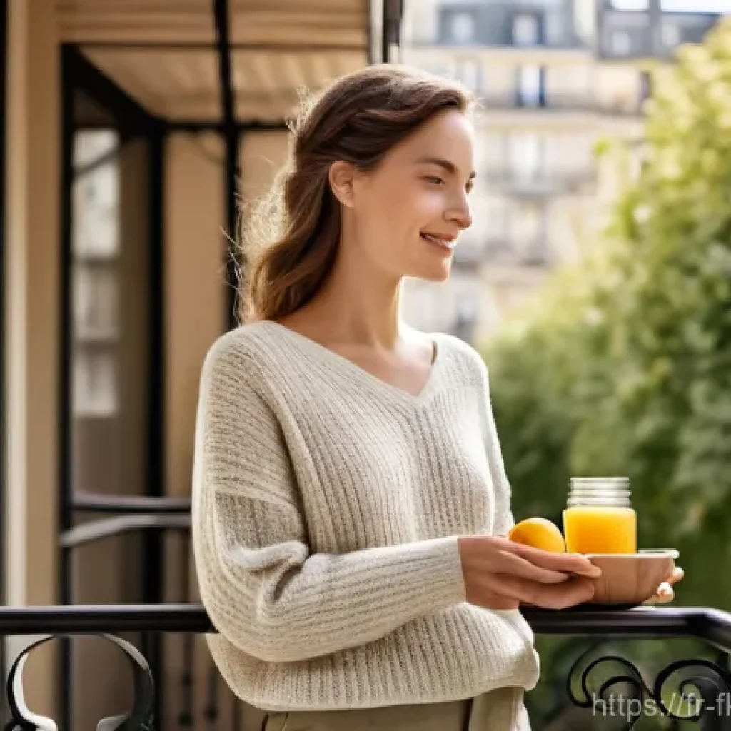 발효식품의 현대적 소비자 분석 - **Prompt:** A serene French woman, in her late 20s, elegantly dressed in a comfortable, soft knitted...