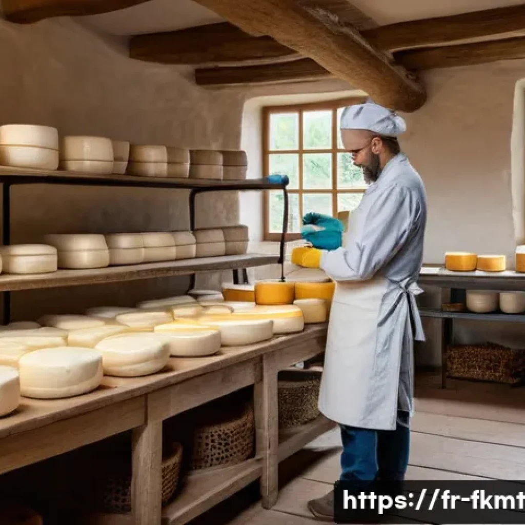 발효식품의 안전성  현대 기준과 규제 - A detailed artisanal cheese workshop scene in a rustic French farmhouse kitchen, showing a cheesemak...