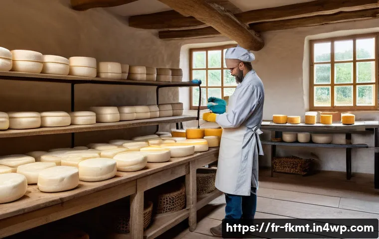 발효식품의 안전성  현대 기준과 규제 - A detailed artisanal cheese workshop scene in a rustic French farmhouse kitchen, showing a cheesemak...