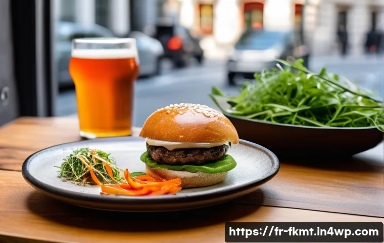 전통 발효식품의 현대적 요리 기법 소개 - A modern French bistro table setting featuring a gourmet burger with homemade kimchi and artisan sou...