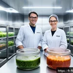 Home 16 전통 발효식품 현대화를 위한 성공 전략 - A modern fermentation laboratory blending traditional and high-tech elements, featuring scientists w...