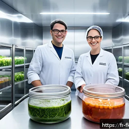 Home 28 전통 발효식품 현대화를 위한 성공 전략 - A modern fermentation laboratory blending traditional and high-tech elements, featuring scientists w...