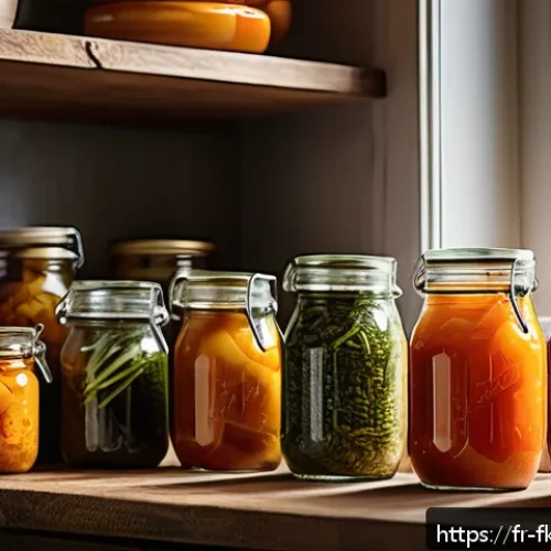 Home 15 전통 발효식품의 현대적 레시피 개발 - A cozy French kitchen scene showcasing a variety of homemade fermented vegetables in wide-mouth glas...