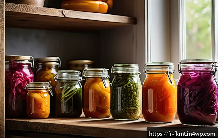 전통 발효식품의 현대적 레시피 개발 - A cozy French kitchen scene showcasing a variety of homemade fermented vegetables in wide-mouth glas...