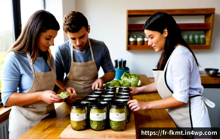 Home 17 전통 발효식품 관련 스타트업 소개 - Photorealistic French artisanal fermented food startup kitchen, a diverse young team in clean linen ...